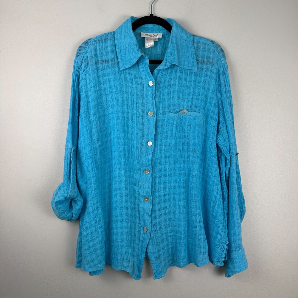 Clodwater Creek Shirt Women's 1X Blue 100% Linen Long Sleeves Button-Up Casual